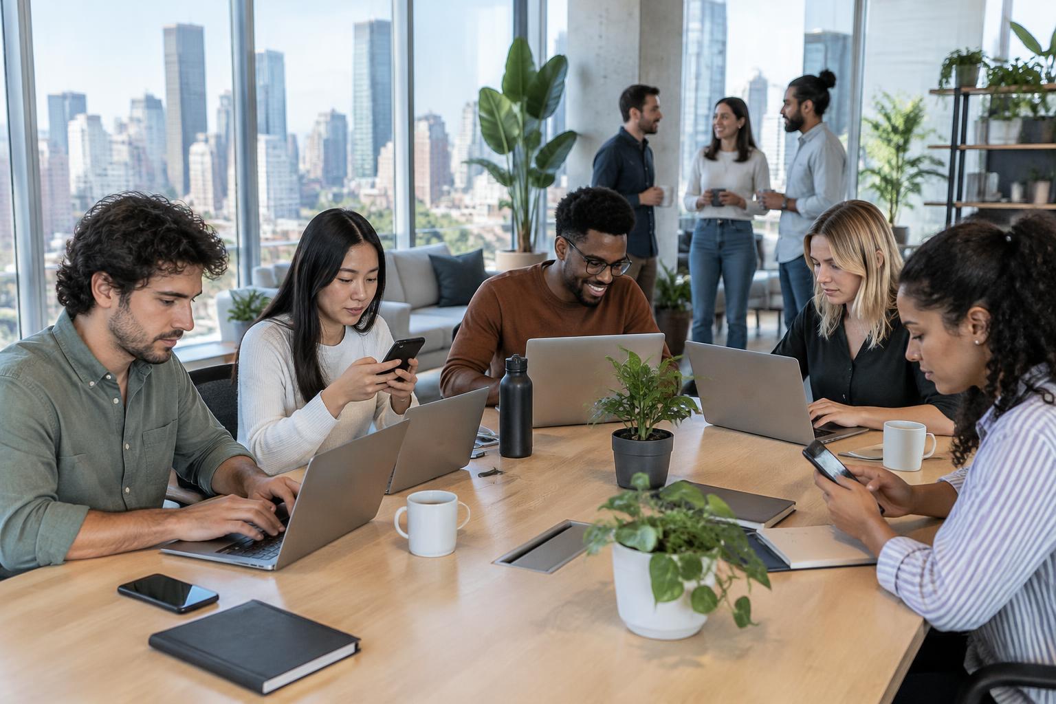 The Projectsify team working together in a bright office, everyone using their phones